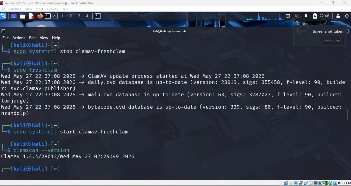 Terminal showing the freshclam virus database update completing and clamscan version output