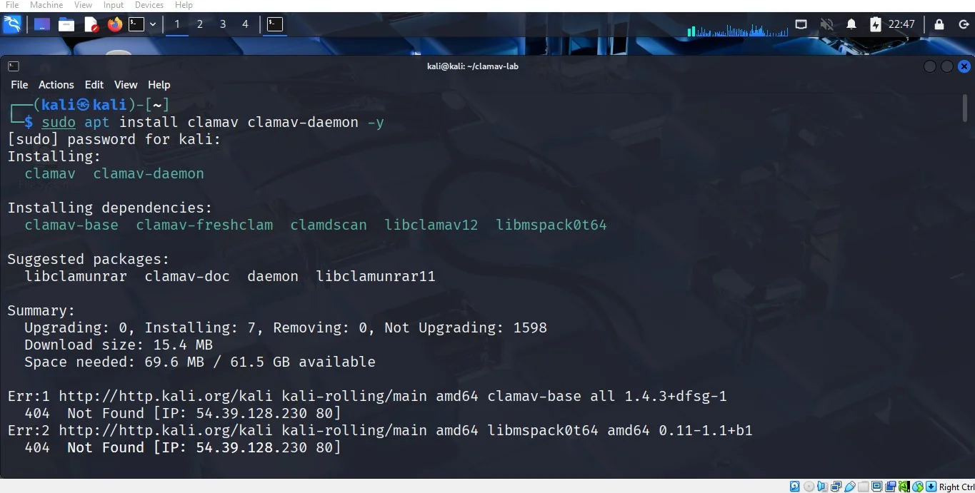 Terminal showing a 404 Not Found error during ClamAV installation on Kali Linux