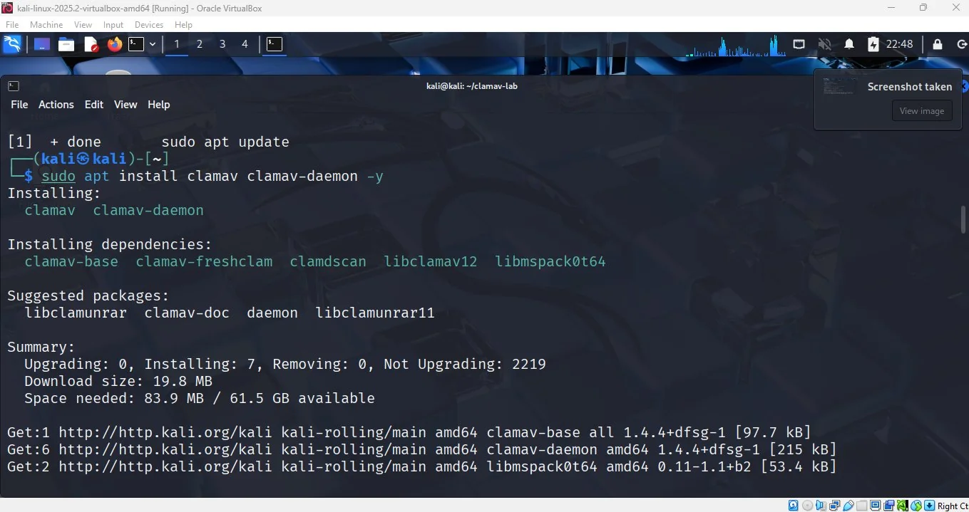 Terminal showing ClamAV packages downloading successfully