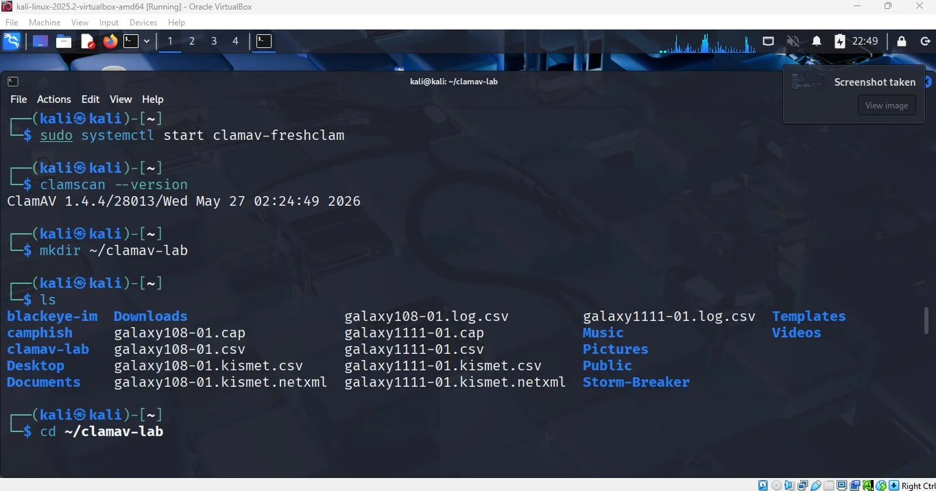 Terminal showing the clamav-lab folder created in the home directory