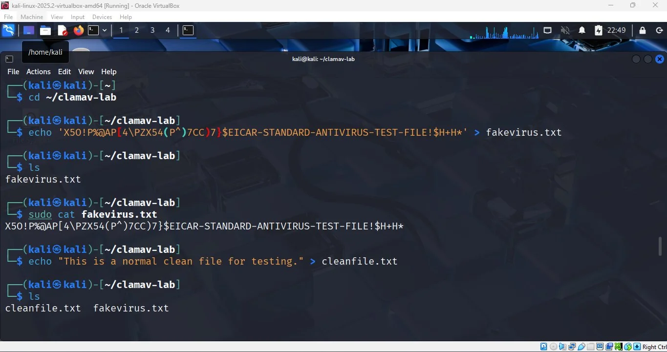 Terminal showing both fakevirus.txt and cleanfile.txt created in the clamav-lab folder