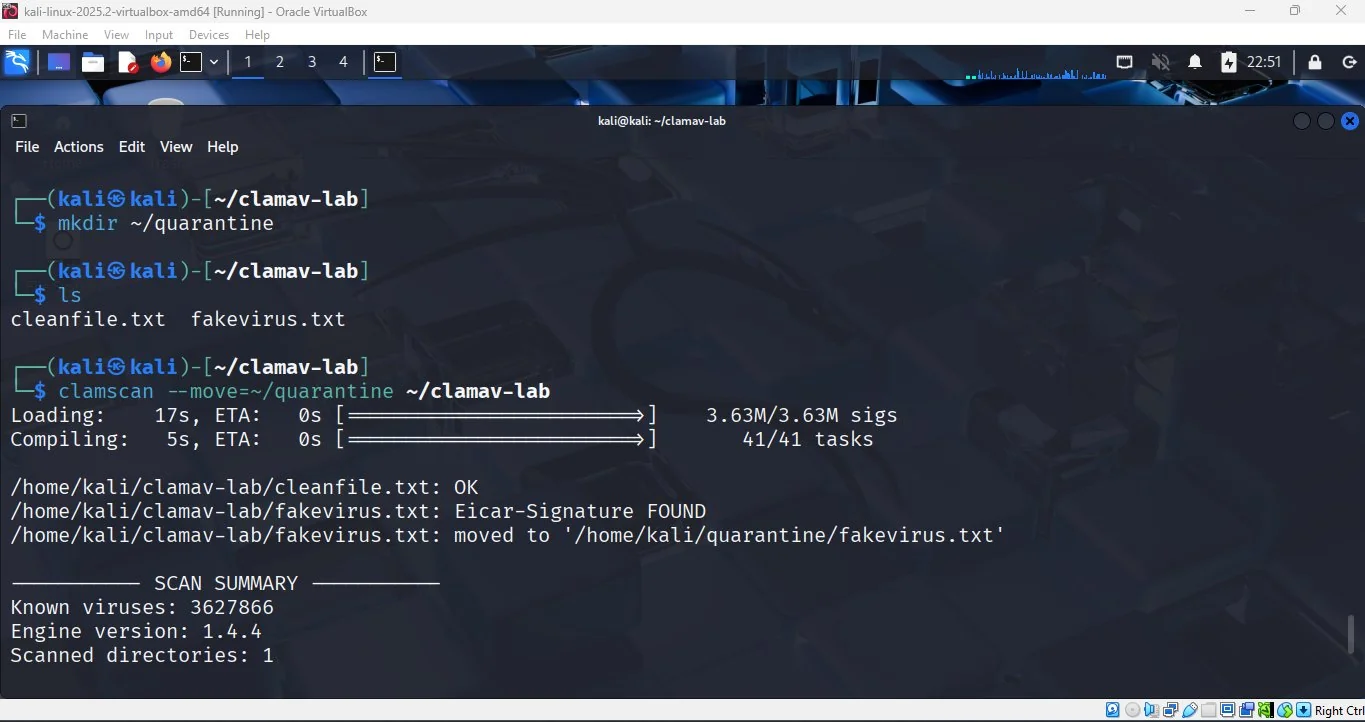 ClamAV moving the infected fakevirus.txt file to the quarantine folder
