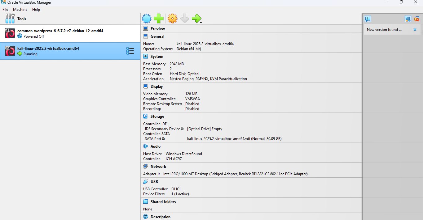 Oracle VirtualBox Manager showing Kali Linux running and WordPress VM powered off