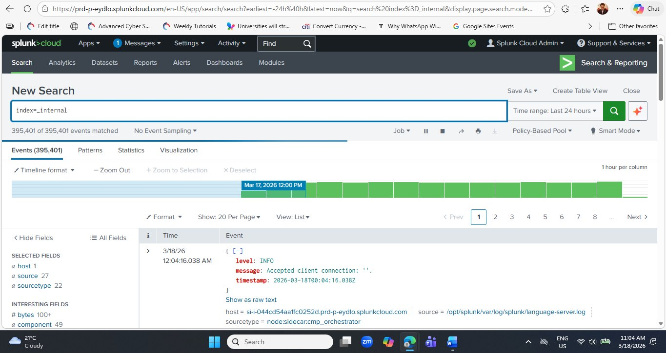 Splunk Cloud Events tab showing 395,401 raw events for index=_internal with timeline bar at top showing event distribution, and first visible event timestamped 3/18/26 12:04:16.038 AM with JSON fields level: INFO, message: Accepted client connection, timestamp: 2026-03-18T00:04:16.038Z from sourcetype node:sidecar:cmp_orchestrator. Left panel shows Selected Fields host source sourcetype and Interesting Fields bytes component