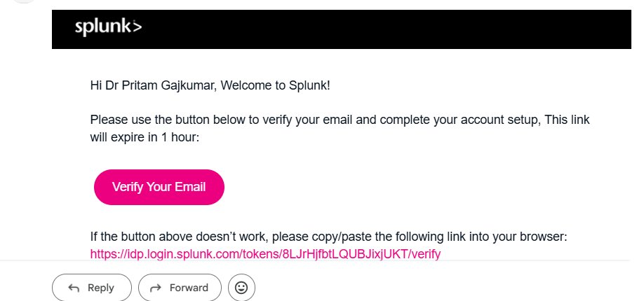 Splunk welcome email to Dr Pritam Gajkumar showing pink Verify Your Email button and verification link beginning with https://idp.login.splunk.com/tokens