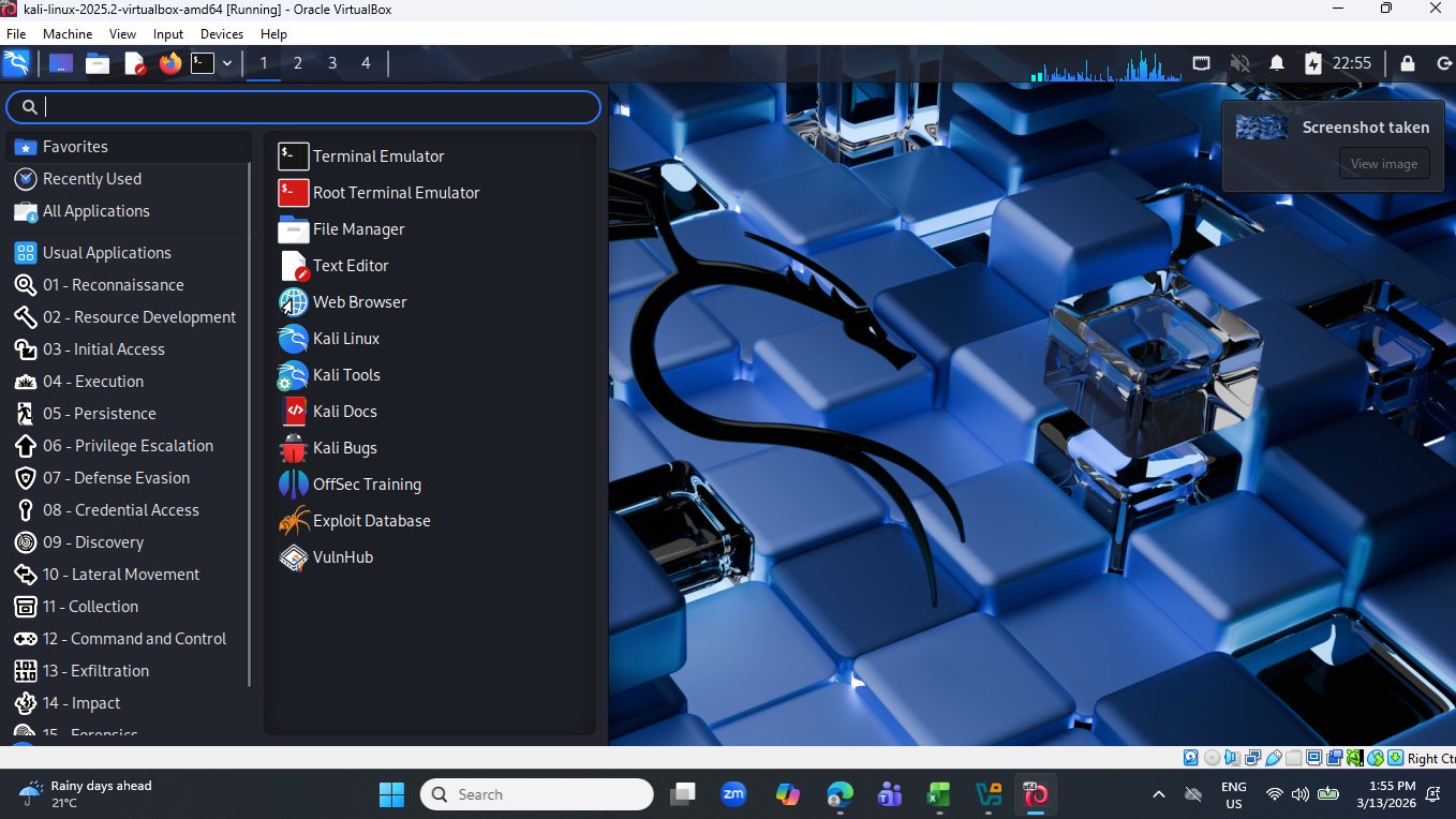 Kali Linux desktop showing application menu organised by MITRE ATT&CK phases