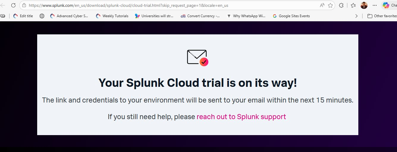 Splunk Cloud trial confirmation page showing envelope icon with checkmark and text Your Splunk Cloud trial is on its way with message that credentials will be emailed within 15 minutes