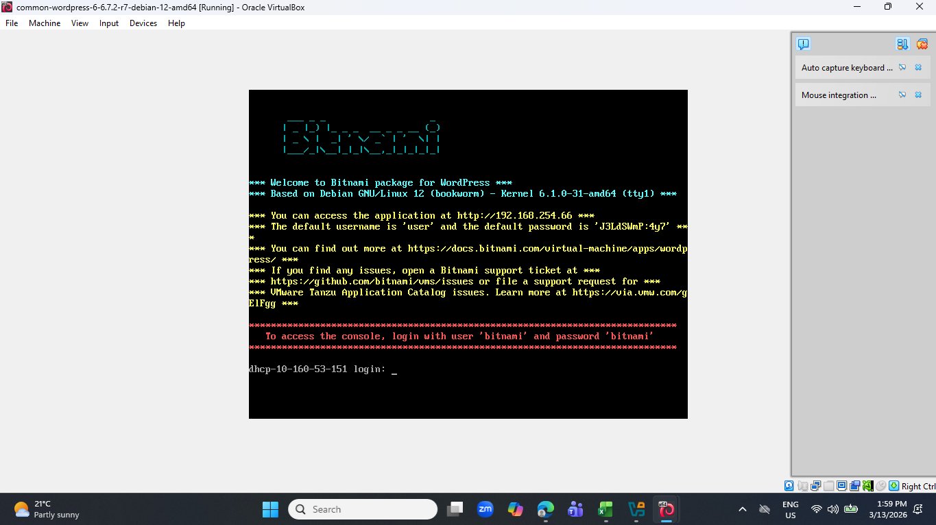Bitnami WordPress VM boot screen showing welcome message, IP address, and default credentials