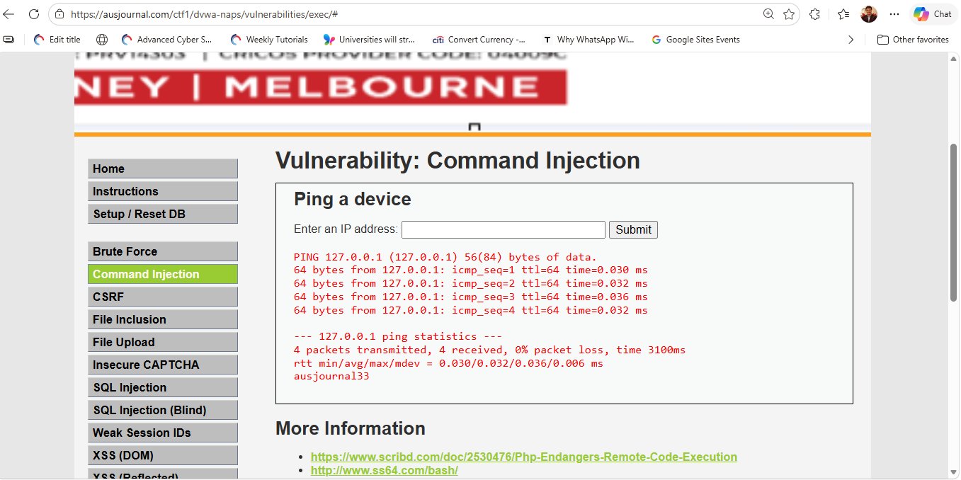 DVWA Command Injection with whoami output showing ausjournal33