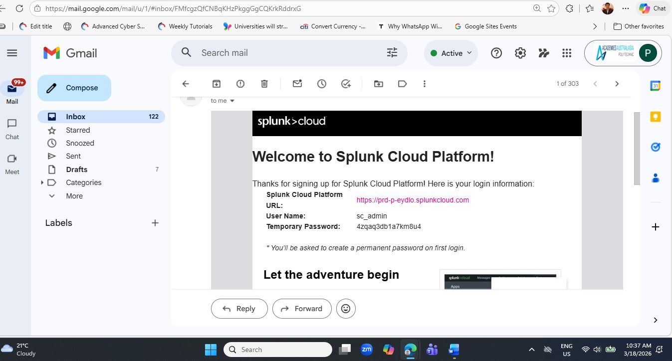 Gmail inbox showing Splunk Cloud Platform welcome email with Splunk Cloud Platform URL https://prd-p-eydlo.splunkcloud.com, username sc_admin, and temporary password 4zqaq3db1a7km8u4