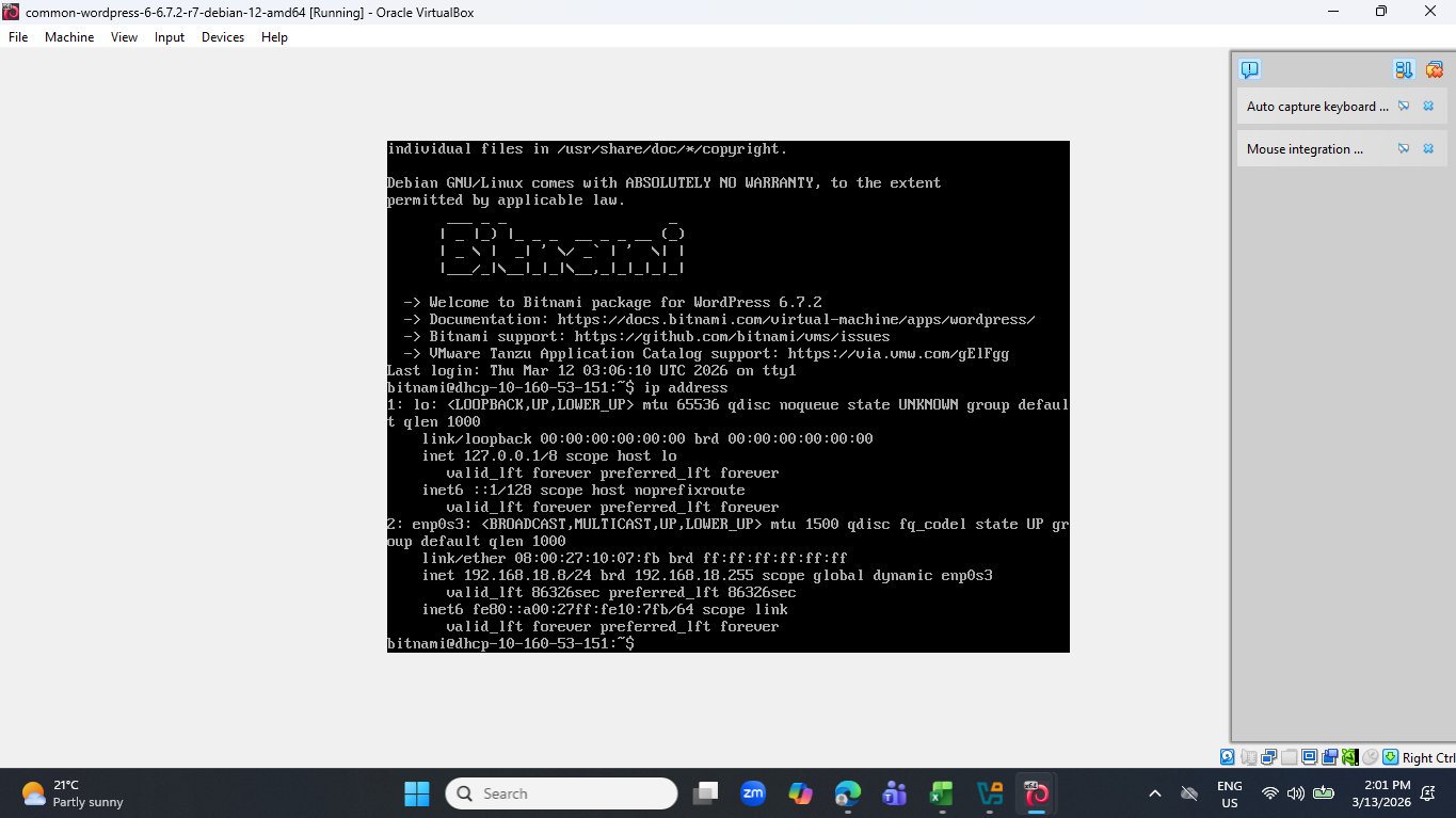 Terminal output of ip address command showing WordPress VM network interface at 192.168.18.8