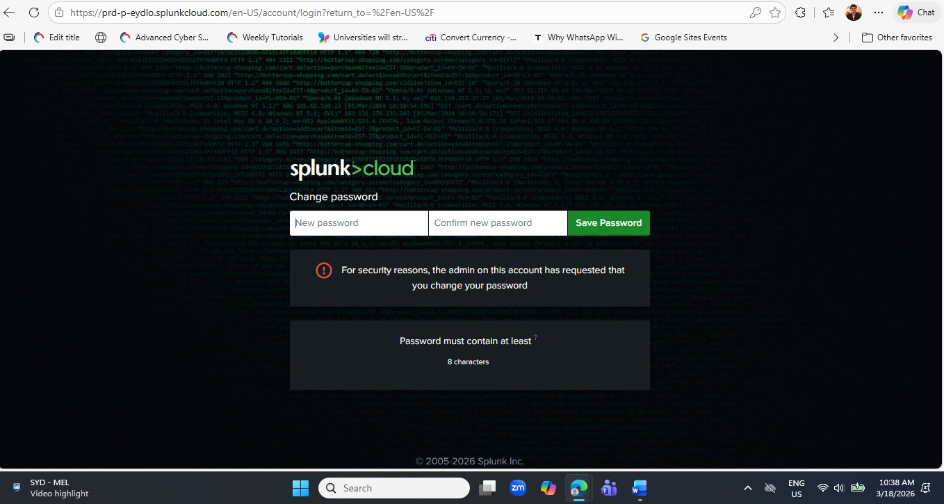 Splunk Cloud Platform change password screen at prd-p-eydlo.splunkcloud.com showing New password and Confirm new password fields with a warning that the admin has requested a password change and minimum 8 character requirement
