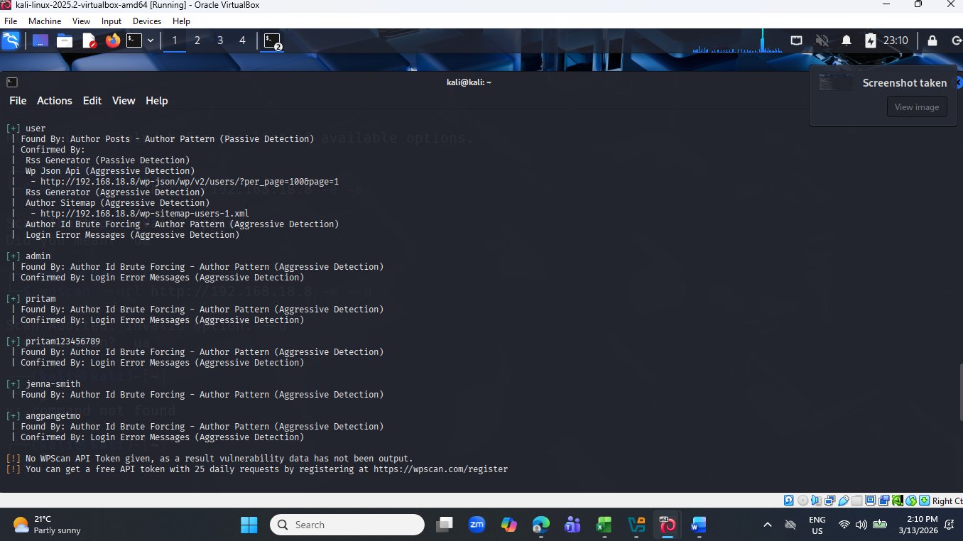 WPScan output showing 6 discovered WordPress usernames with their detection methods