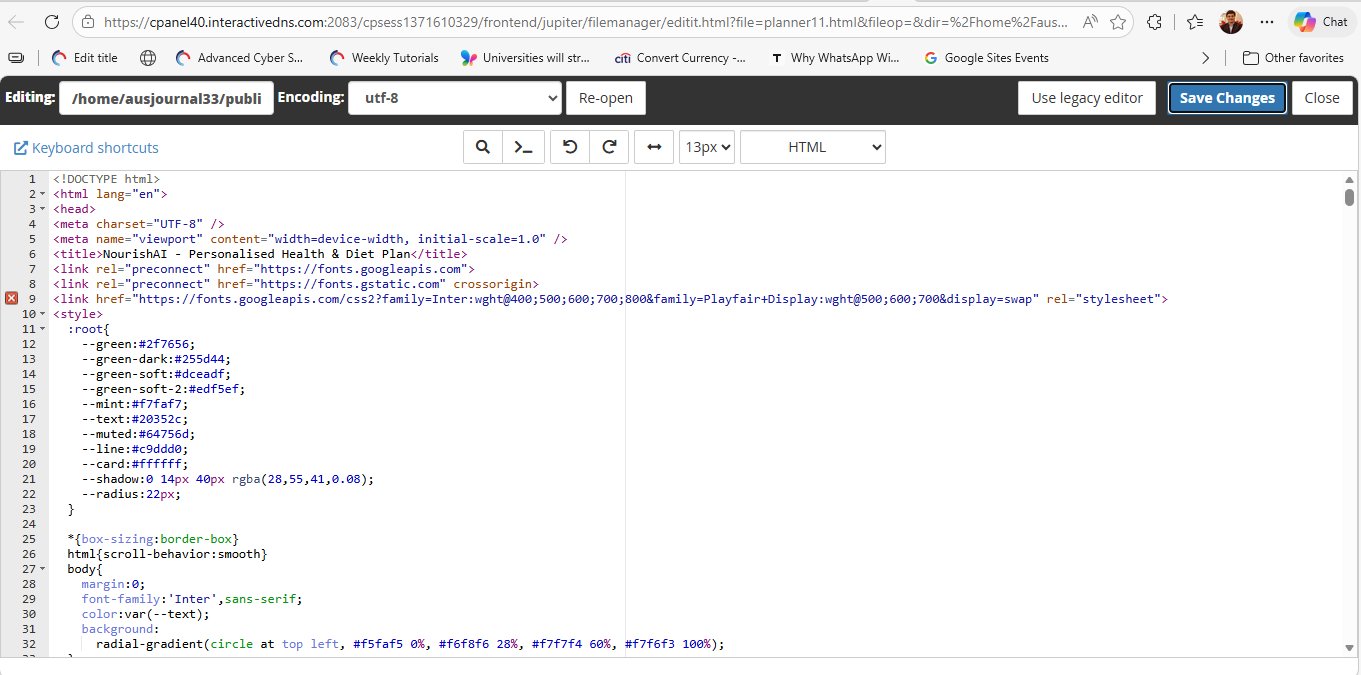 cPanel code editor showing the HTML source of planner11.html